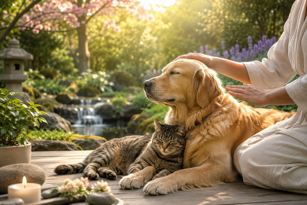 Golden retriever and cat receiving peaceful Animal Blessings in a serene garden