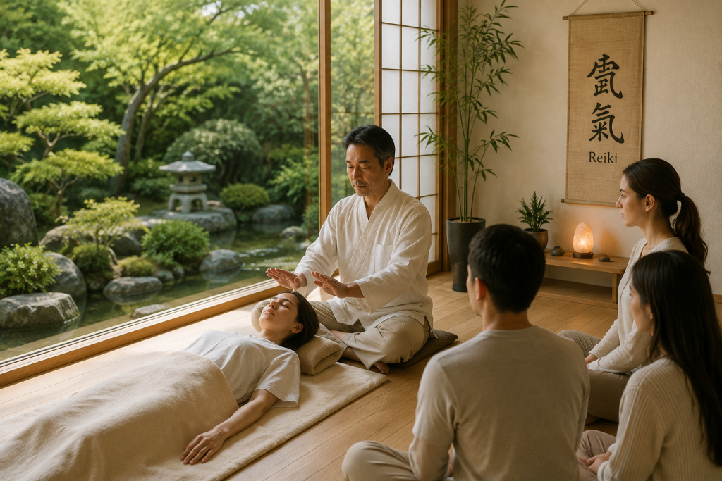 Reiki Training demonstration with students observing a Reiki session